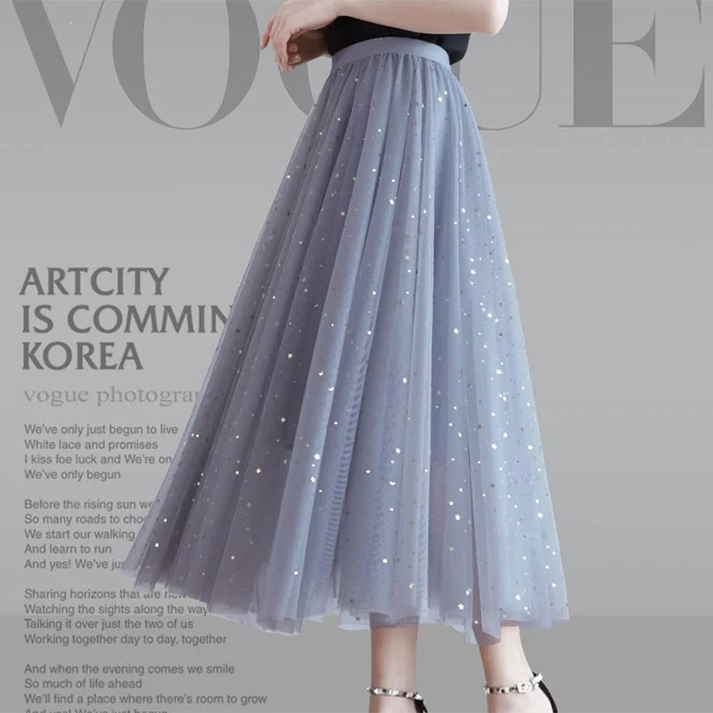 Spring Summer High Waist Elegant Sequins Mesh Skirt Ladies Temperament All-match Fairy Ankle Length A-line Skirts Female Clothes