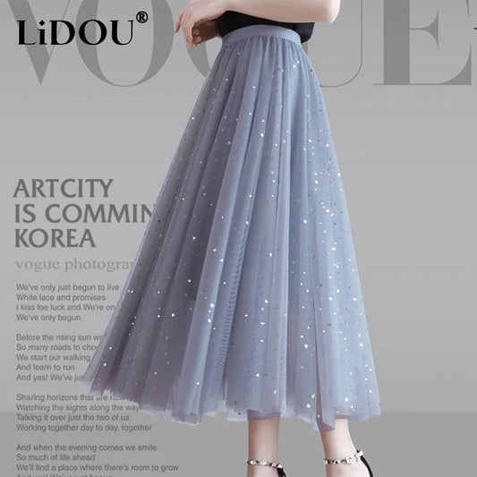 Spring Summer High Waist Elegant Sequins Mesh Skirt Ladies Temperament All-match Fairy Ankle Length A-line Skirts Female Clothes