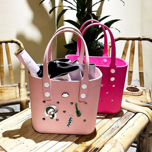 New Children Beach DIY Hole Bags Fashion Cute Summer Storage Baskets Outdoor Handbag Picnic Tote Small Solid Color Eva Jelly Bag